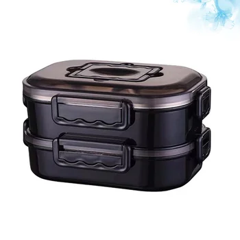 

Double Layers Lunch Box Portable Stainless Steel Simple Practical Heat Preservation Lunch Box for Office (Black)