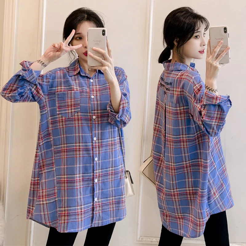 

Pregnant Women Spring Clothing Dress Spring And Autumn New Style Long Sleeve Nursing Nursing Plaid Tops Mid-length Fashion Shirt