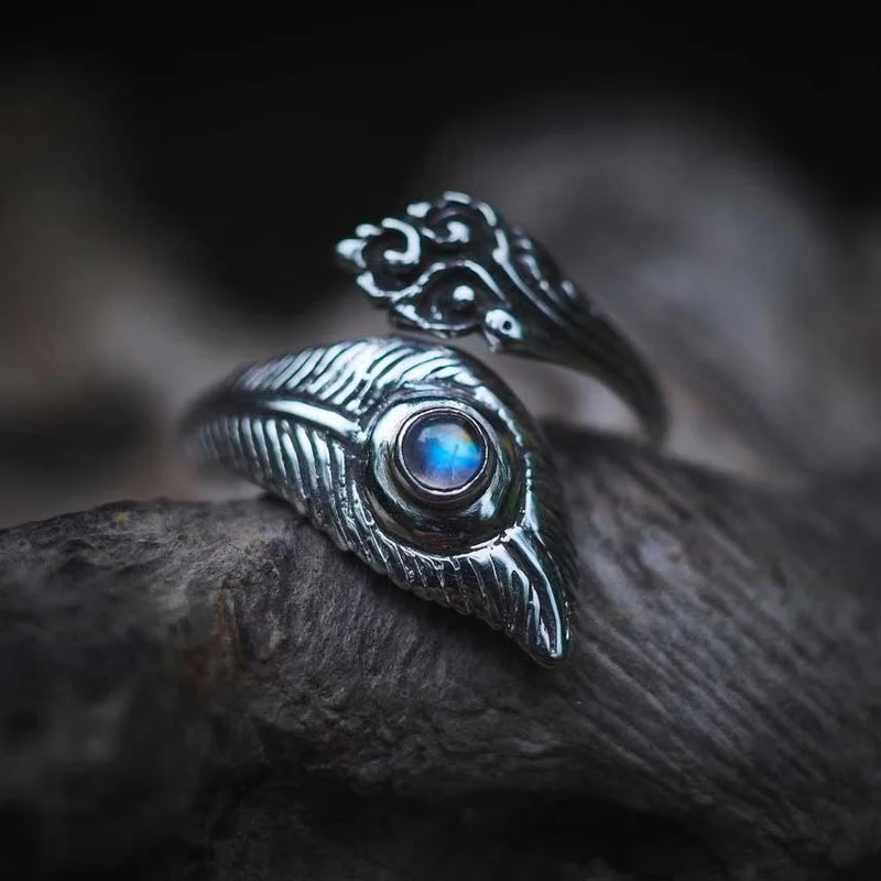 

S925 Vintage Thai Silver Moonstone Opening Feather Ring Party Gift Jewelry Ring Wholesale