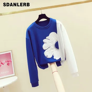 

Hoodie Woman 2020 Spring New Korean-Style Fashion Hit Color Round-Neck Long-Sleeve Flower Printed Sweatshirt Ladies Pullovers