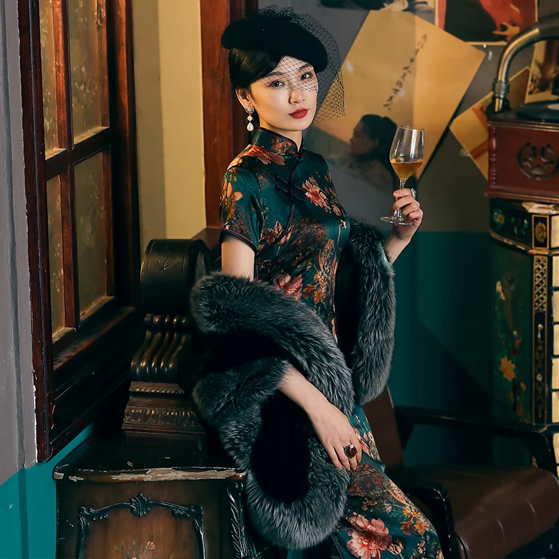 

Шелковые вечерние платья Qipao, черно-зеленое женское традиционное китайское платье большого размера