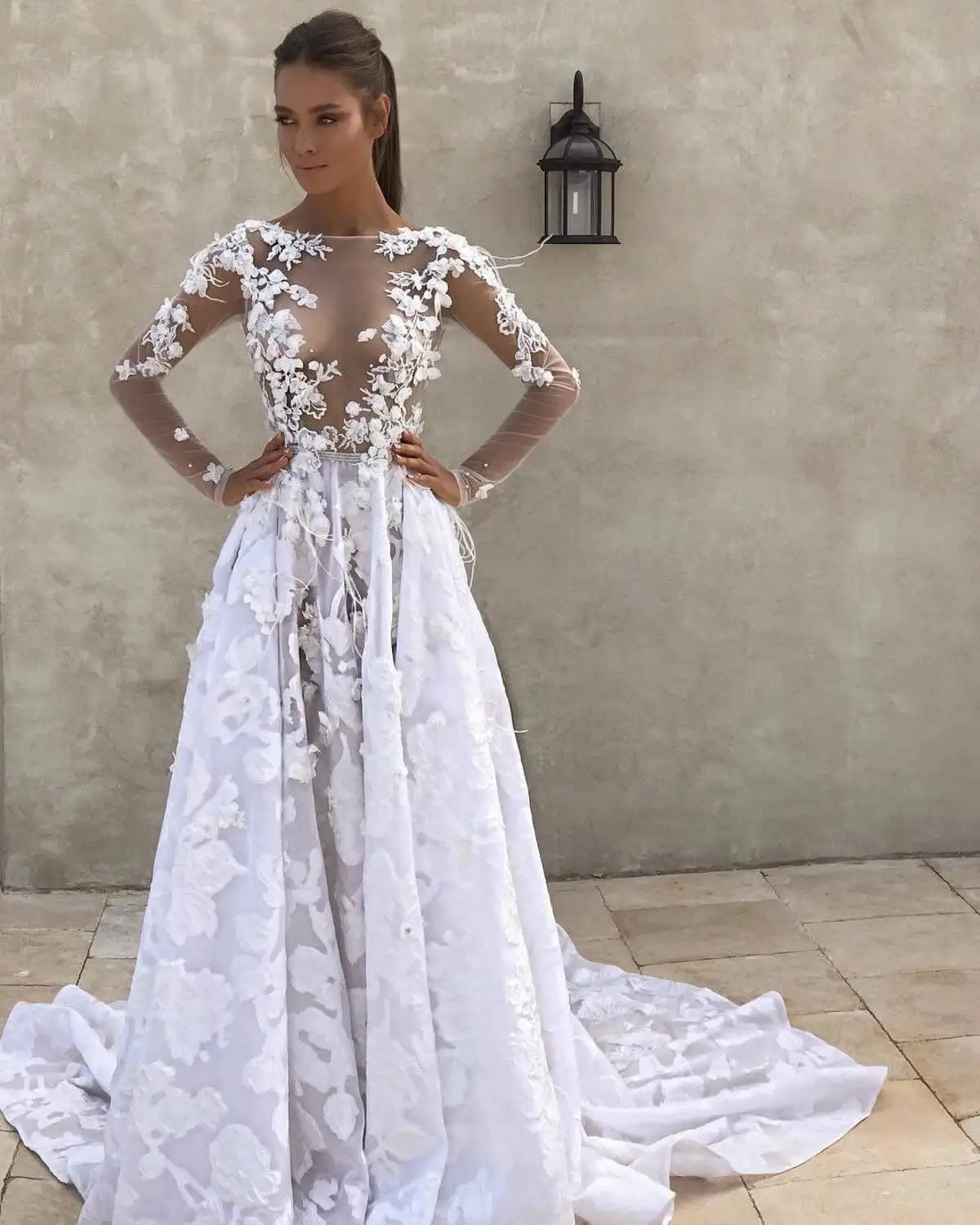 Robe De Mariee Иллюзия с длинным рукавом белое свадебное платье 3D Цветы Кружева свадебное платье с аппликацией