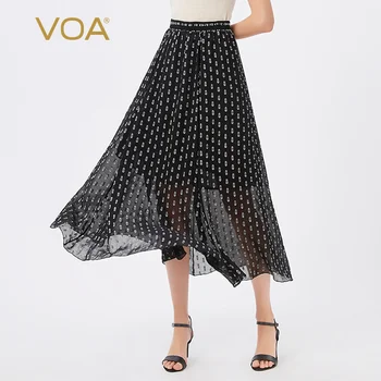 

VOA Silk 12mm Georgette White on a Black Background Polka Dot Pick an Empty Embroidered Elastic Waist Double Elegant Skirt C0411
