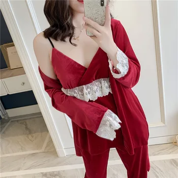 

Women Lingerie Long Sleeve Home Clothing Nightgown Velour Blue Sexy Kimono Bathrobe Negligee Lace Sleepwear 3PCS Sleep Set