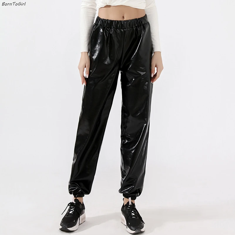 

BornToGirl 2020 Women Faux Leather PU Pants Woman High Waist Black Grey Red Silver Gold Pants Trousers