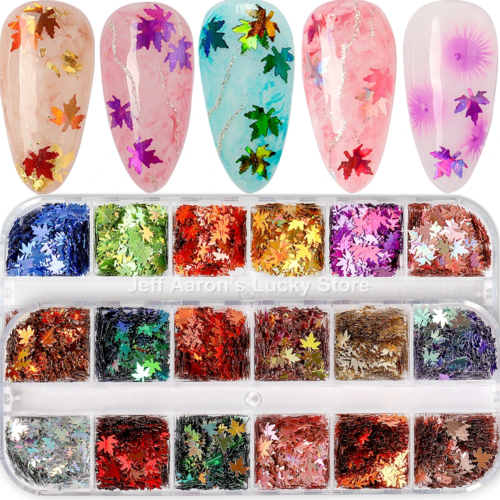 12 Grids/Set nail supplies maple leaf holographic glitter art decorations decals sequines nails accessories set | Красота и здоровье