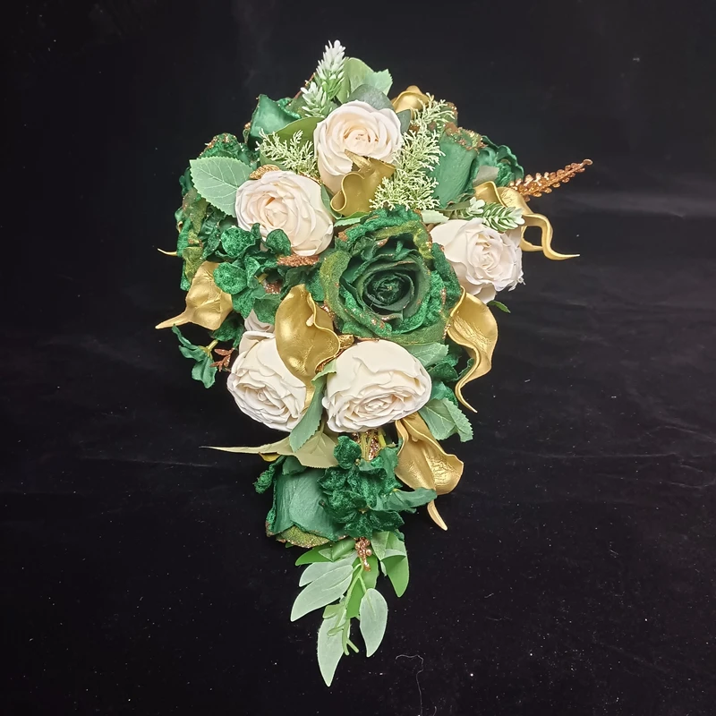 Dark Green Rose Gold Calalily Cascading Wedding Flowers Waterfall Bridal Bouquet Ramos De Novia Mariage