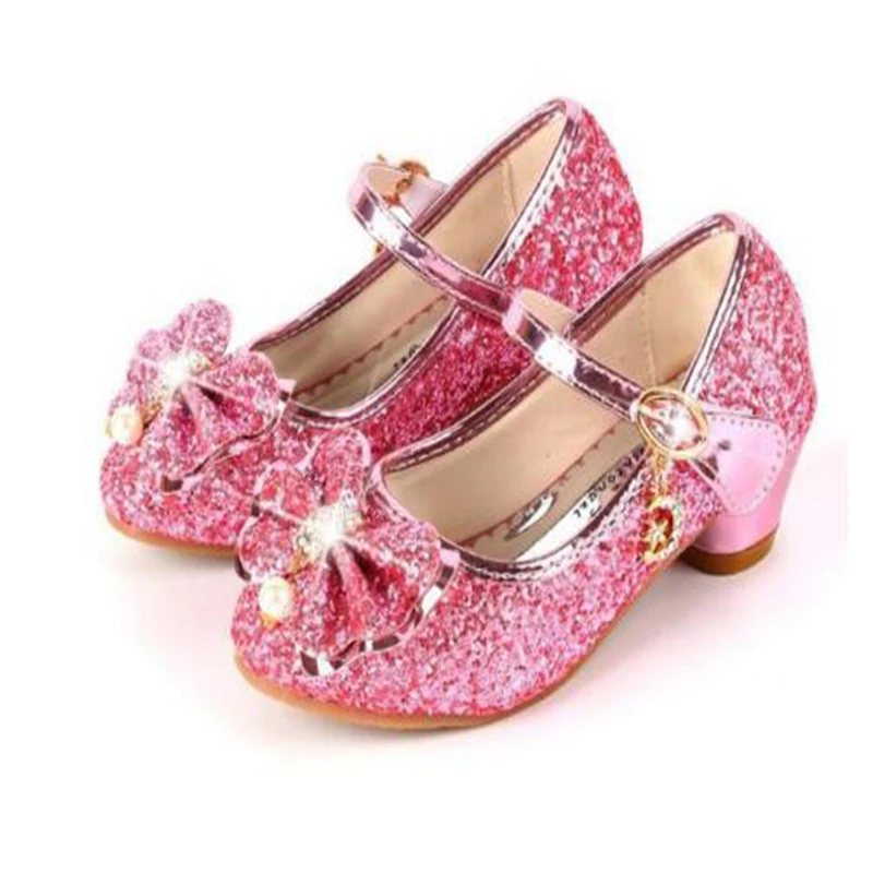 Princess Kids Leather Shoes For Girls Flower Casual Glitter Children High Heel Girls Shoes Butterfly Knot Blue Pink Silver 1