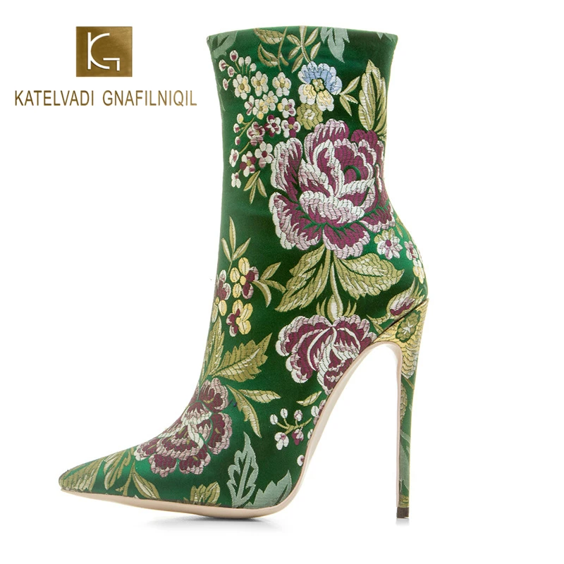 

KATELVADI Ankle Strap 5Inches High Heels Women Boots Pointed Toe Embroidery Flock Zip Shoes Woman Winter Plus Size45 K-567
