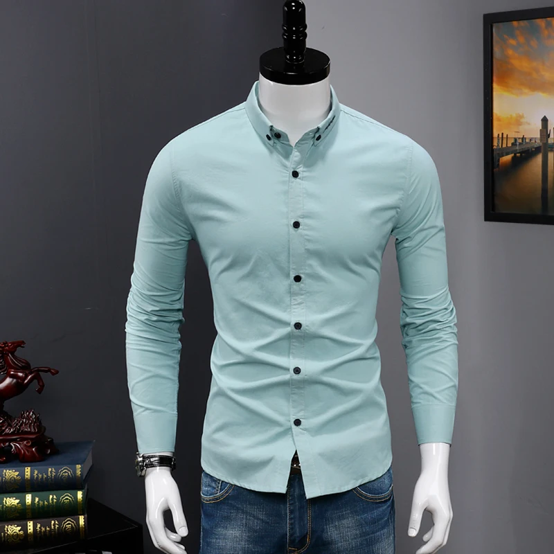 Fashion Cotton Shirt Men Long Sleeve Slim Fit Men's Casual Button-Down Shirt Formal Dress Shirts Men Clothes - Color: Green