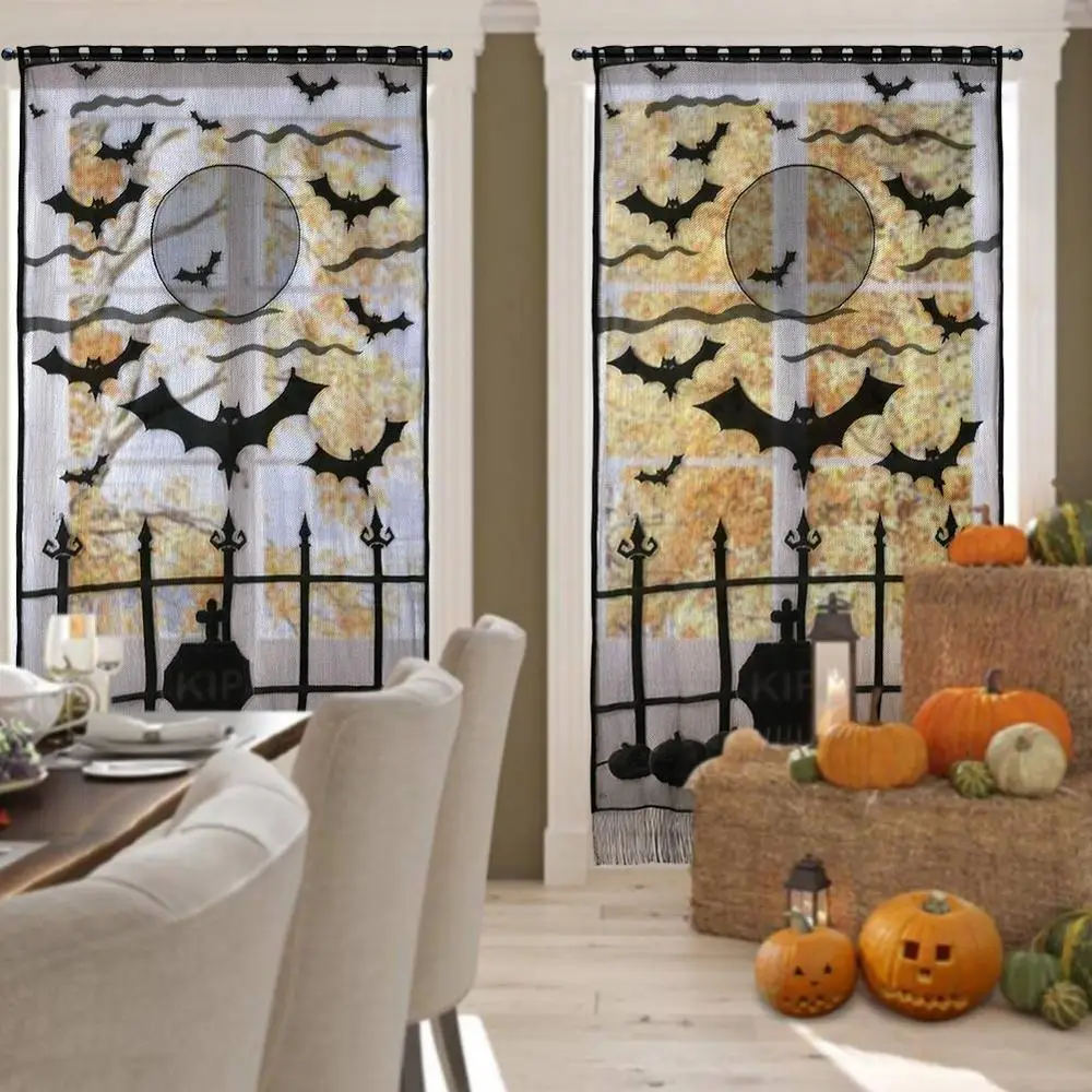 OurWarm Halloween Window Curtain Horror Black Lace Props Pumpkin Bat Ghost Door Wall Hanging Halloween Party Decoration