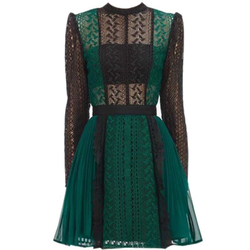 Высокое качество лето осень новая коллекция платье для автопортретов женское элегантное Плиссированное зеленое кружевное платье с длинными рукавами Vestidos