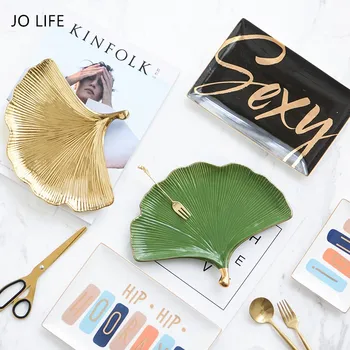 

JO LIFE Ceramic Ginkgo Biloba Leaves Decorative Plate Display Scandinavian Style Golden Jewelry Storage Tray