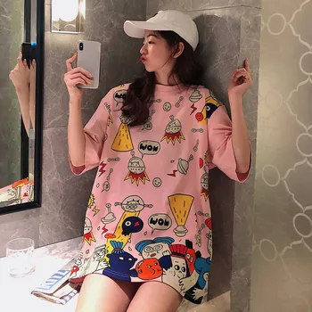 

Summer O-Neck Cartoon Print Long Shirt Dress Casual Loose Mini Party Dresses