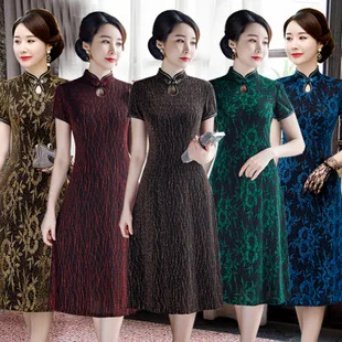 Весна лето стиль натуральный шелк Cheongsam ретро Мода длинное платье для женщин