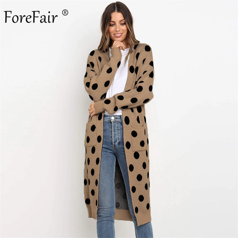 Forefair, повседневный длинный кардиган в горошек, женский, с карманами, Вязанная одежда, мода, Осень-зима, вязанный, размера плюс, женский свитер - Цвет: Khaki Cardigan