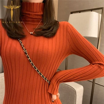 

Autumn High Neck Long Sleeve Ladies Sweater Slim-Fit Stretch Base Sweater Office Lady Pullover Simple Black Casual Female Top
