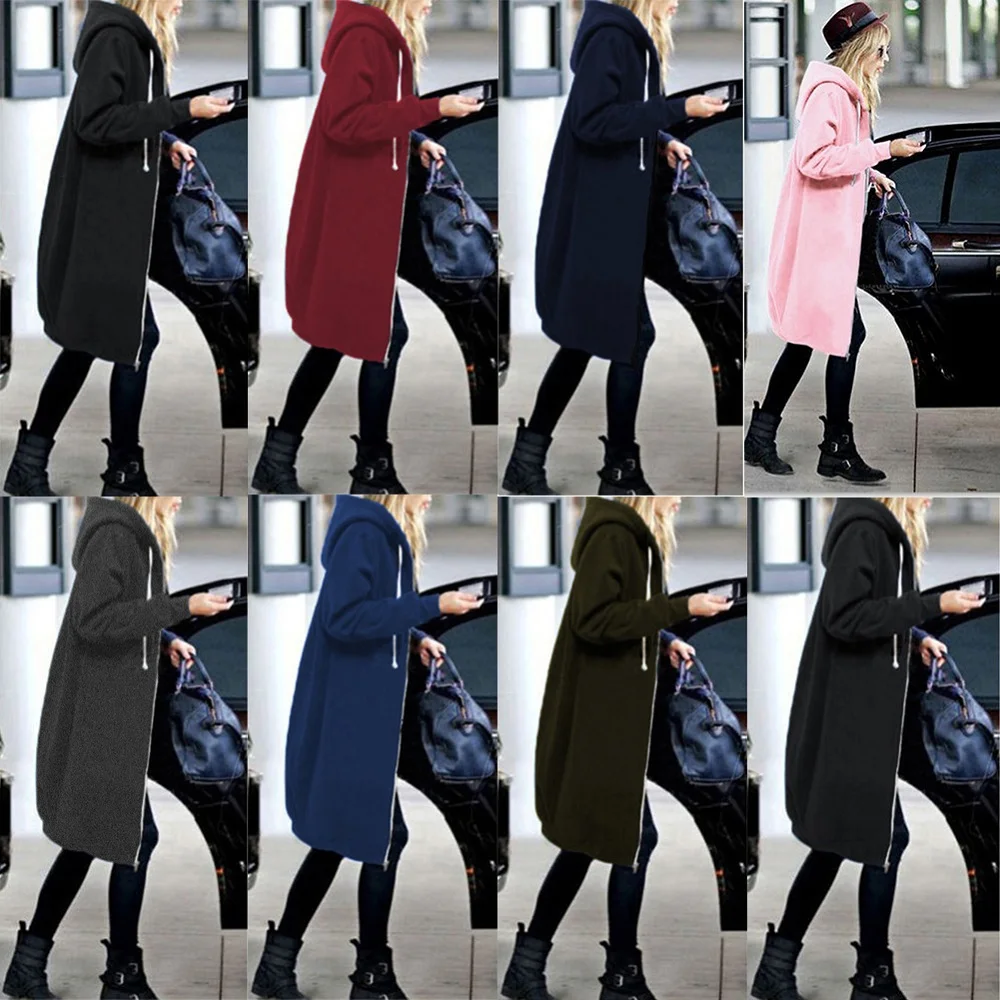  2019 Autumn Winter Casual Women Long Hoodies Sweatshirt Coat Zip Up Outerwear Hooded Jacket Plus Si