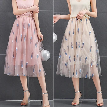 

Harajuku Tulle Mesh Skirt Women Summer Embroidery Flower Midi Skirt Korean Elegant Elastic High Waist Long Skirt Jupe Femme B015