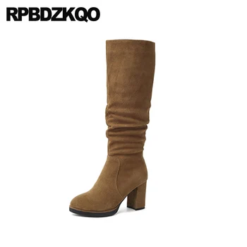 

chunky ladies side zip boots 2019 long high heel round toe brown fur black shoes fall knee block thick genuine leather women new