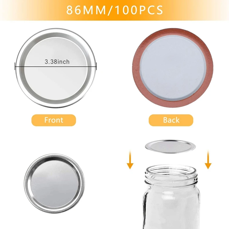 100 Pcs Wide Mouth 86 MM Jar Canning Lids, Reusable Leak Proof Split-Type Silver Lids with Silicone Seals Rings 2