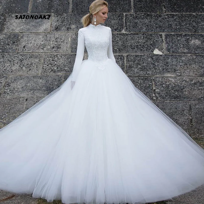 

SATONOAKI Muslim White Wedding Dress Long Sleeves Bride Dress 2019 Vestido Noiva Vintage High Neck Turkey Long Bridal Gowns