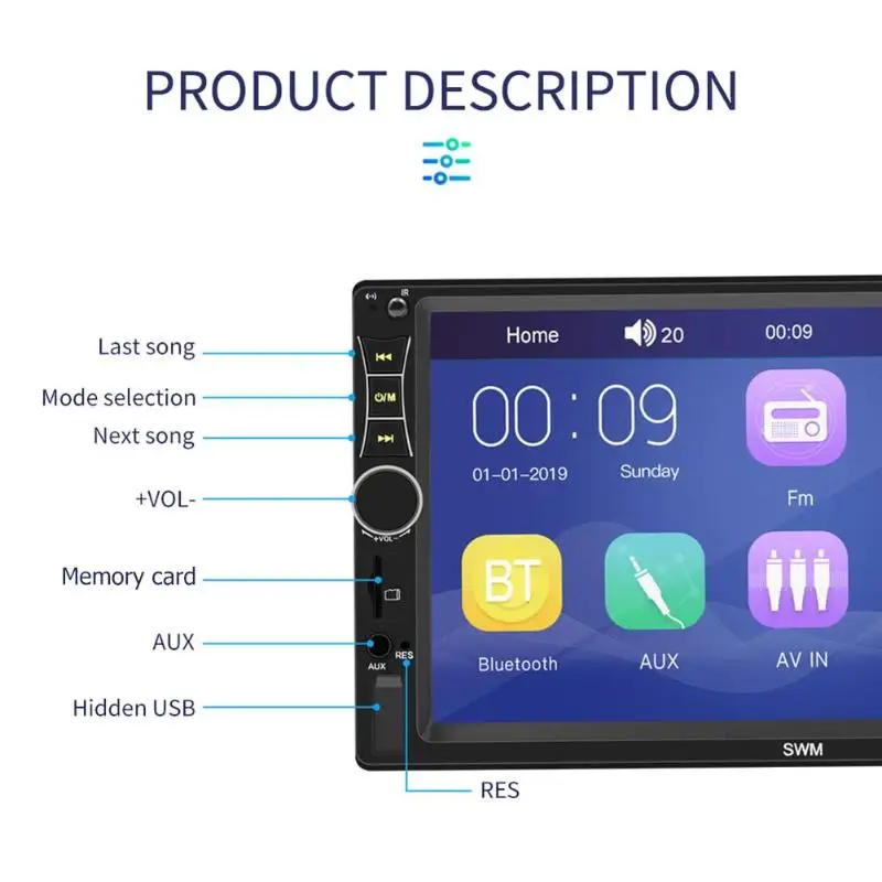 SWM мотор A7 2 DIN автомобильный стерео 7 дюймов Сенсорный экран Bluetoooth AUX U диск радио