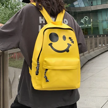 

CUTE South Korea Ins Retro Smiling Face Fashion Trend SMILE Large Capacity Travel Backpack New PU Student School Bag