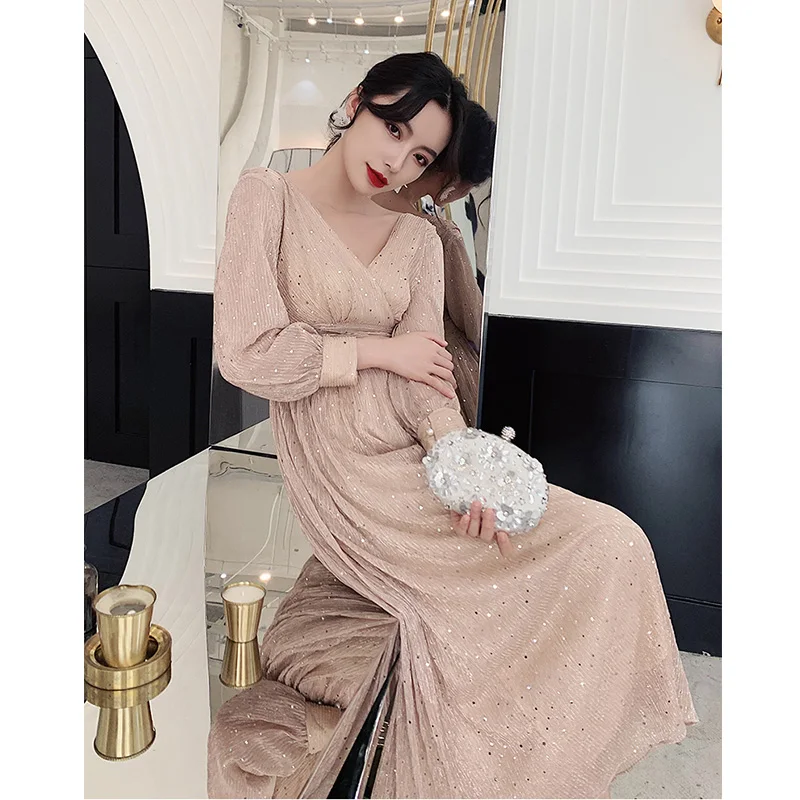 Это Yiiya вечернее платье элегантное с v-образным вырезом размера плюс Robe De Soiree с длинным рукавом для женщин блестящие вечерние платья LF193