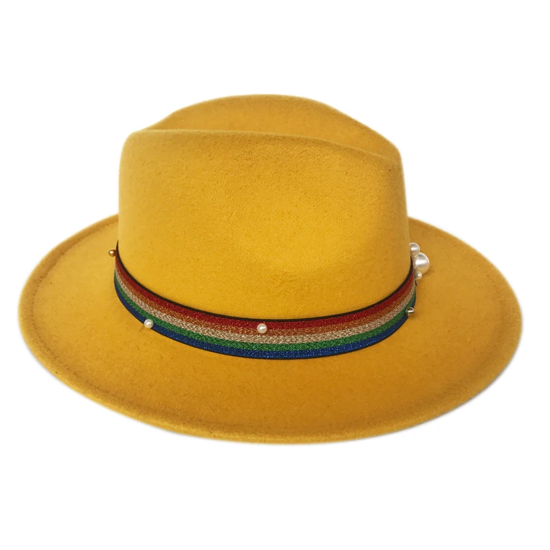 YY beauty Fedora для женщин Радужная жемчужина лента Джаз Панама широкополый Трилби фетровая шляпа Классическая британская Осенняя шляпка для церкви FD19011