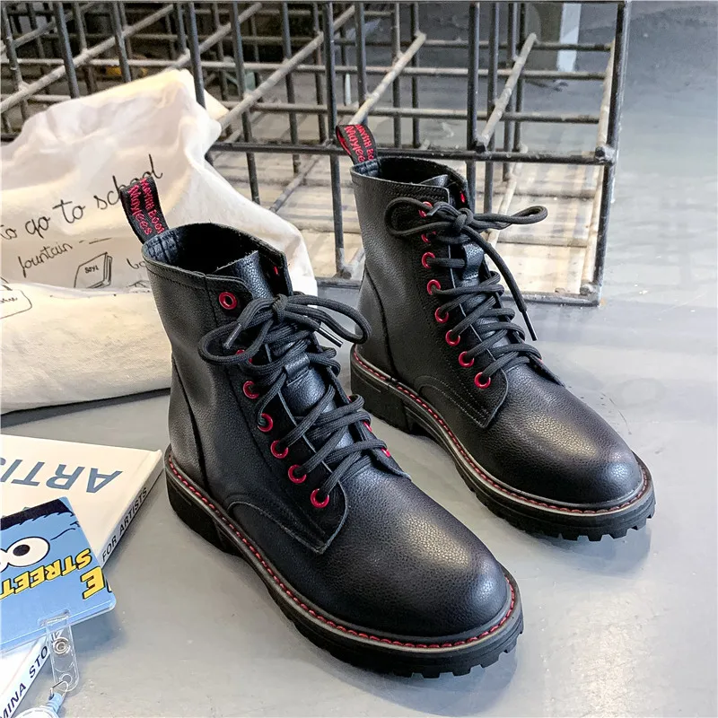 

2019 Autumn Black Genuine Leather Ankle Boots for Women Lace Up Platform Woman Boots Street Style Casual Shoes Zapatos De Mujer