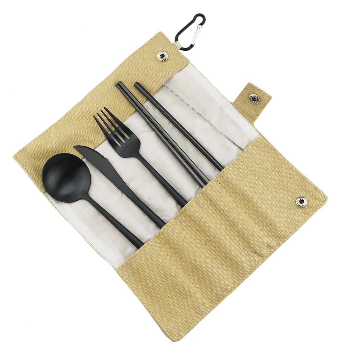 Beige BagB-Black 7 шт Красочные Портативные экологически чистые дорожные столовые приборы из нержавеющей стали набор ножей вилка ложка палочки для еды набор соломинок столовые приборы для пикника - Цвет: Beige BagB-Black