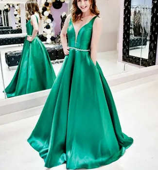 

Long Satin Green V-Neck Prom Dresses with Pockets A-Line Corset Back Custom Made Beaded Formal Party Dresses Robe Soiree Femme