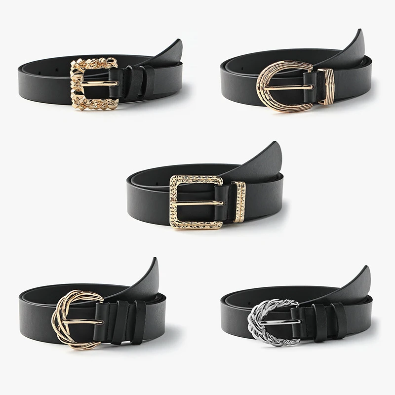 

PU Leather Alloy Decorative Black Waistband Women Belt Geometric Buckle Carved Alloy Pin Buckle Waist Belt Vintage Casual
