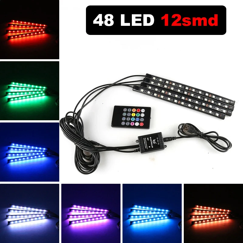 

Декоративная лампа Kebidu, 4 шт., USB-разъем, 12 В, 5 В, RGB, 5050 SMD, водонепроницаемая, для салона автомобиля, с пультом дистанционного управления