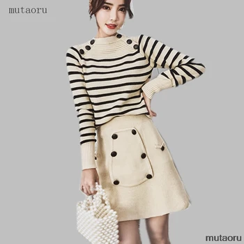 

Sweater And Skirt Set 2019 Fall Winter Fashion Striped Comfortable Soft Knitted Pullover Tops+ Double-breasted Skirt 2 Piece Set