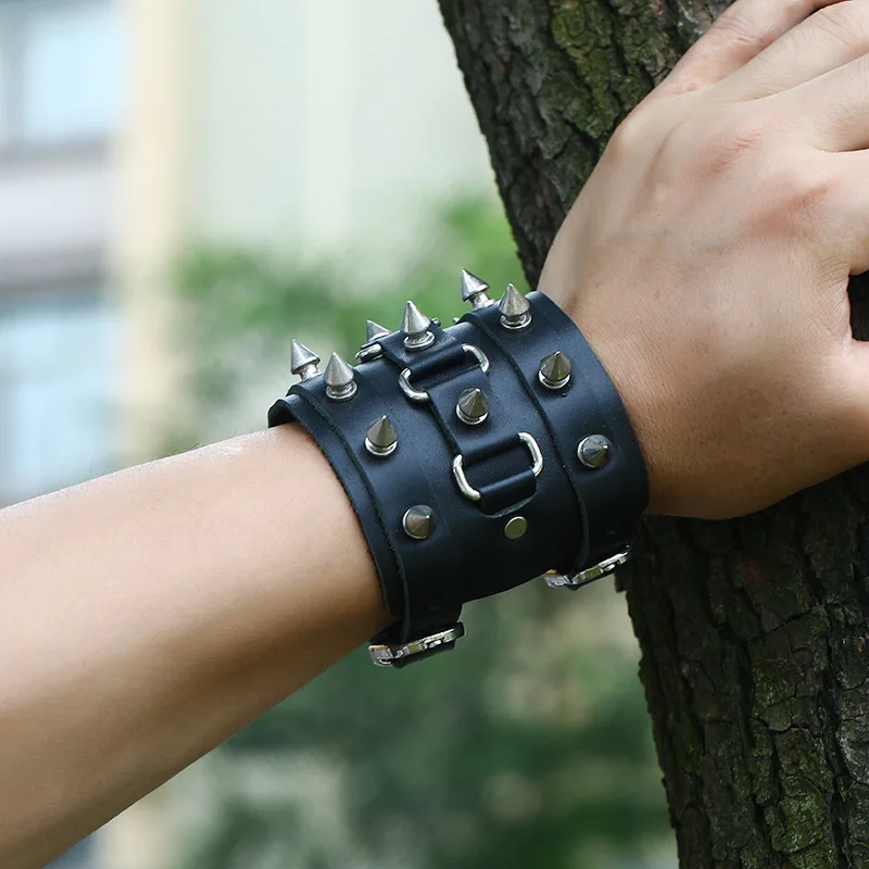 Men Adjustable Genuine Leather Bracelet Bangle Wristband Punk Cuff Beaded Gifts 