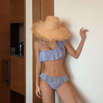 

Swimsuit Separate Female Fused Swimwear With Push Up Bikini Girls Korea New Retro Stripe Falbala Inclined Shoulder Sexy Woman
