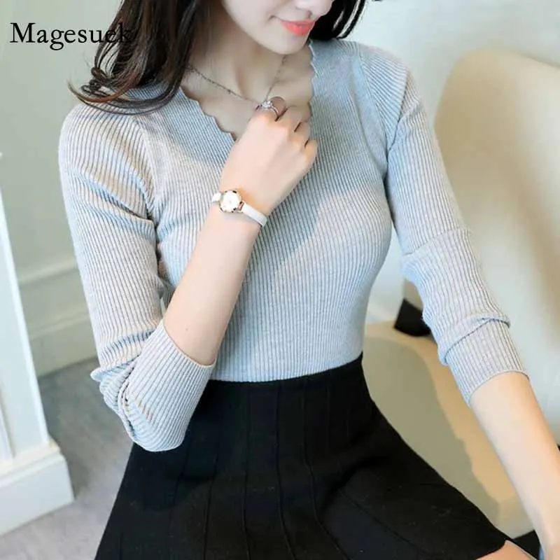 

Wave Cut V-neck Autumn Pullovers Long Sleeve Sweater Women Winter Solid Black White Knitted Basic Office Sweater Tops 7809 50