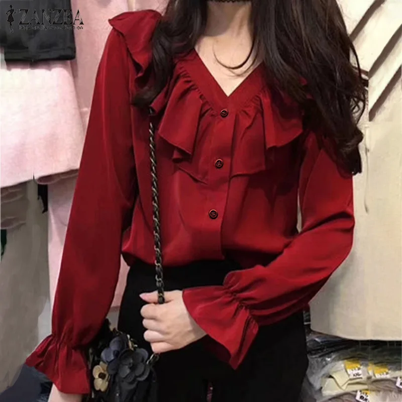 Zanzea Women Ruffles V Neck Ons Down Blouse Elegant Lady Work Ruffles V Neck Ons Down Blouse