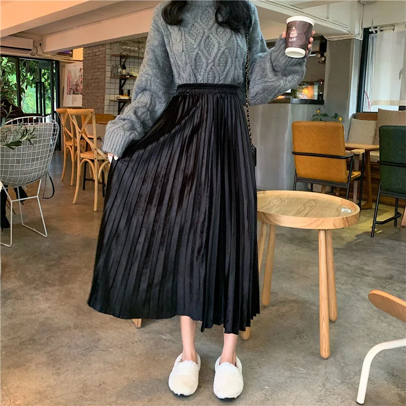 

2020 Autumn Winter Women's A-Line Strecth Waist Office Lady Golden Velvet Mid Skirt Pleated Skirt Black Casual Bottoms