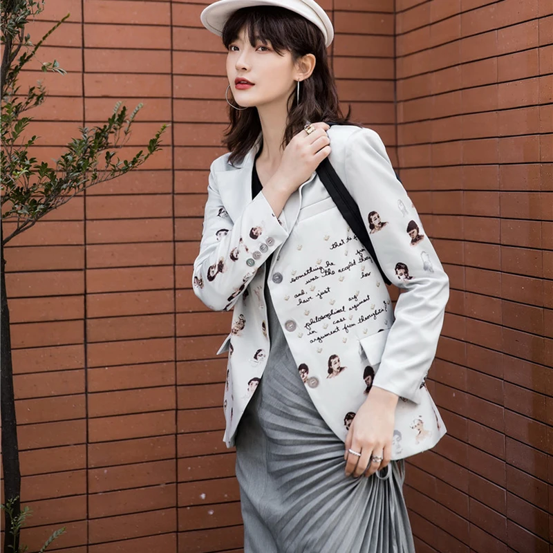 

Women Blazer Character Alphabet Fun Print Single-breasted Long Sleeve Suit Female Retro Casual Jacket Coat Fashion Office Blazer