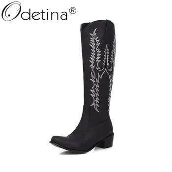 

Odetina Women New Winter Side Zipper Block Mid Heel Cowboy Boots Ladies Casual Round Toe Western Vintage Sewing Knee High Boots