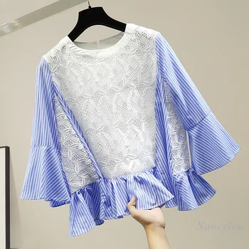 

Nancylim Lace Blouse Women Autumn New Hollow Lace Stitching Bell Sleeve Three-Quarter Sleeve Short Girl's Shirt Lady Tops