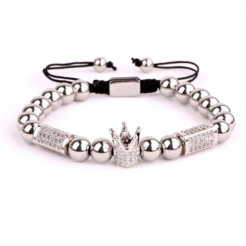 High Quality New Luxury Men Women Jewelry CZ Crown Charm Stainless Steel Beads Macrame Bracelet - Image 3