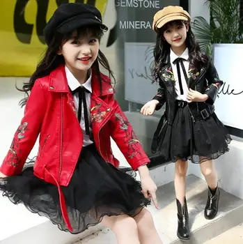 

2019 autumn new women's jacket girls embroidered leather short embroidered artificial leather jacket jacket 5-12 years