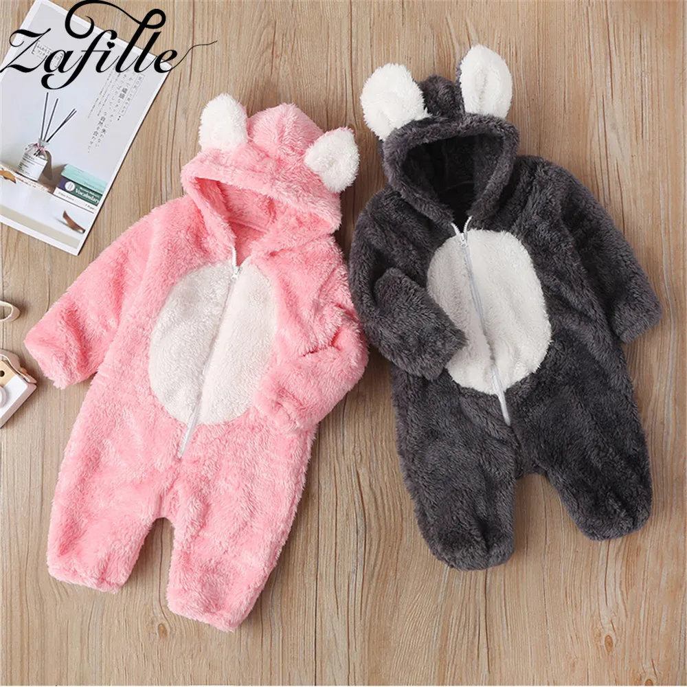 

ZAFILLE Baby Romper Solid Long Sleeve Double-Faced Pile Hooded Ear Deco Unisex Jumpsuit For Newborn Soft Baby Boy Girl Clothes