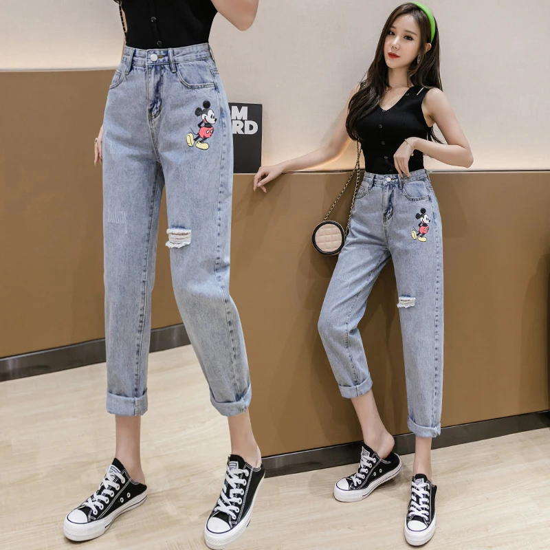 

Summer 2020 new cartoon print holes loose jeans women high waist nine Torre pants Joker slim Harlan pants
