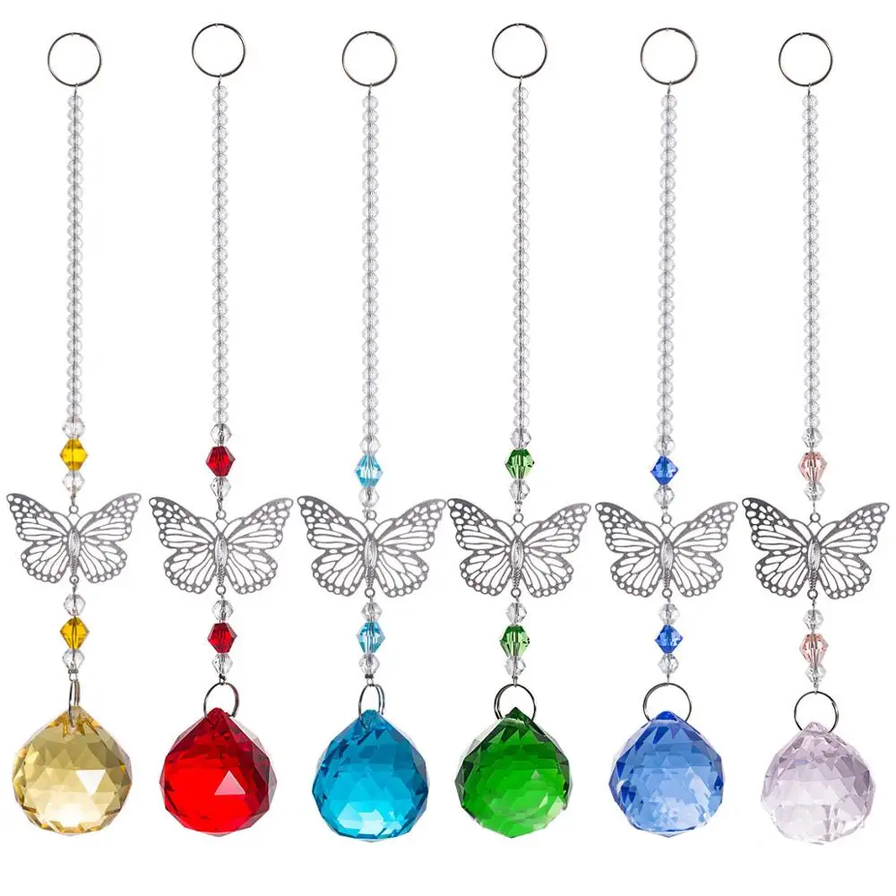 Set of 6 Хрустальный шар, душевная бабочка, Радужный стеклянный бисер, садовый подвесной кулон, домашний Свадебный декор, подарок Xams - Цвет: Set of 6