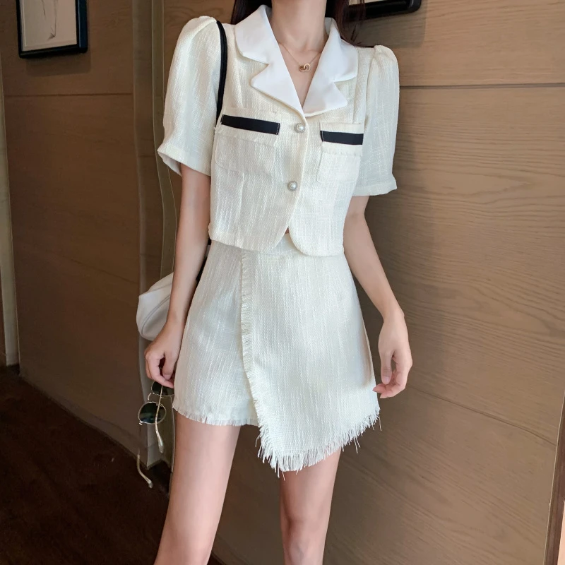 

2020 summer Tweeds Two Piece Set For Women short sleeve Crop Tops High Waist Shorts pant Suit Female Elegant 2 piece set women